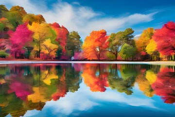 Harmony in Reflection: Vibrant Trees Reflected in Tranquil Waters, AI-generated photo of colorful trees reflected in calm water. Vibrant Trees Reflected in Peaceful Waters