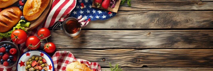 Top view of an American-themed meal array with various dishes on a rustic wooden table, featuring...