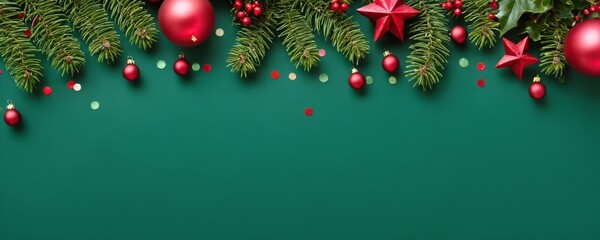 Multicoloured Christmas balls are suspended from a spruce branch, creating a festive and traditional decoration. Green background with blank space for text.