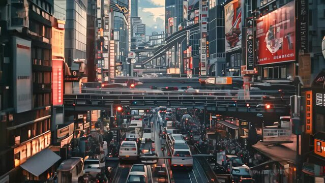 A city street packed with cars and buses, surrounded by tall buildings and a stream of vehicles, A bustling cityscape with towering skyscrapers and bustling streets
