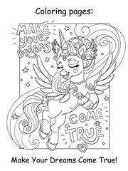 Coloring unicorn and lettering make your dreams come true