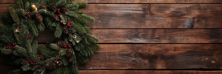 Christmas background with festive pine branches and decorations laid on a wooden surface