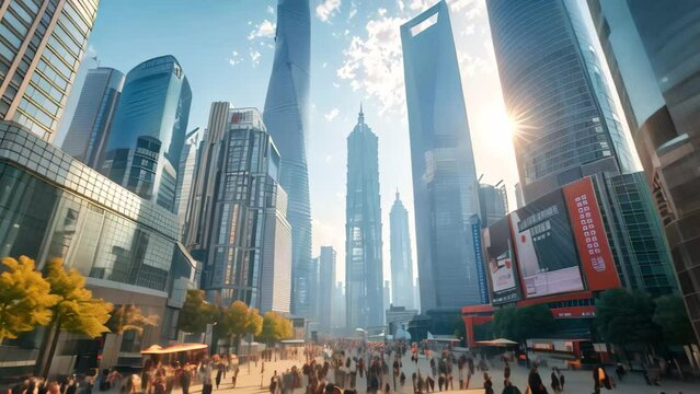 A crowded city street with many people walking among towering skyscrapers, A bustling city square with skyscrapers towering overhead