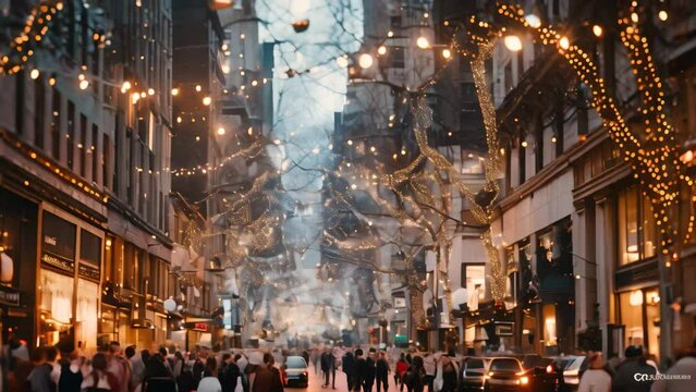 A city street filled with traffic, illuminated by festive Christmas lights, A bustling city street decorated with twinkling lights and holiday cheer, perfect for a family shopping spree