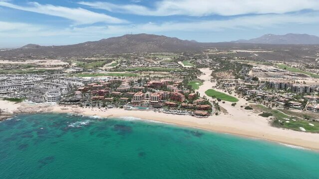 Aerial view of tropical beach with resorts in Cabo San Jose, Baja California Sur, Mexico