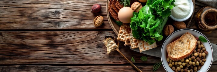Fototapeta premium An assortment of traditional foods for the Jewish Passover Seder meal presented on wooden table