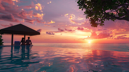 A serene moment as a couple relishes the sunset from their opulent resort.