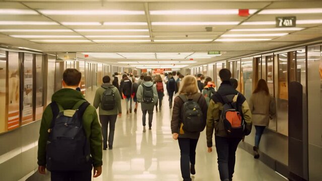 A group of individuals, likely students, walking in a busy hallway, A bustling hallway filled with students on their way to class