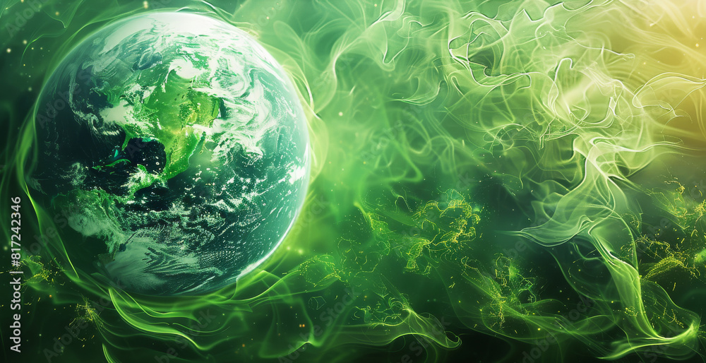 Poster a depiction of earth as a luminous green sphere surrounded by swirling energy, symbolizing the trans