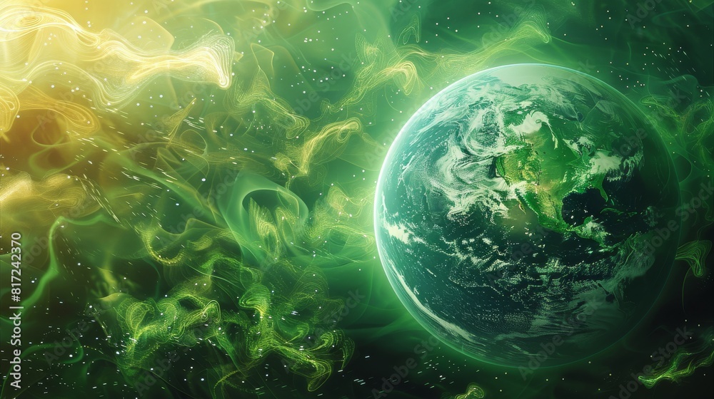 Poster a depiction of earth as a luminous green sphere surrounded by swirling energy, symbolizing the trans