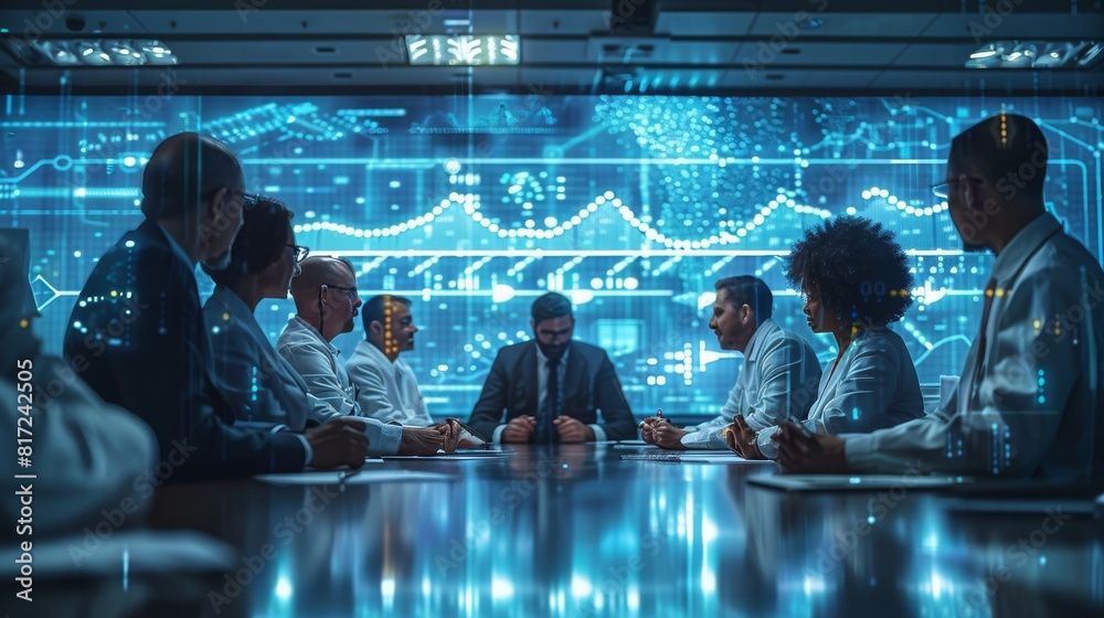 Poster A formal meeting room filled with business executives and scientists, discussing a biotech proposal, with a large screen displaying genetic sequences and research data. Generative AI.