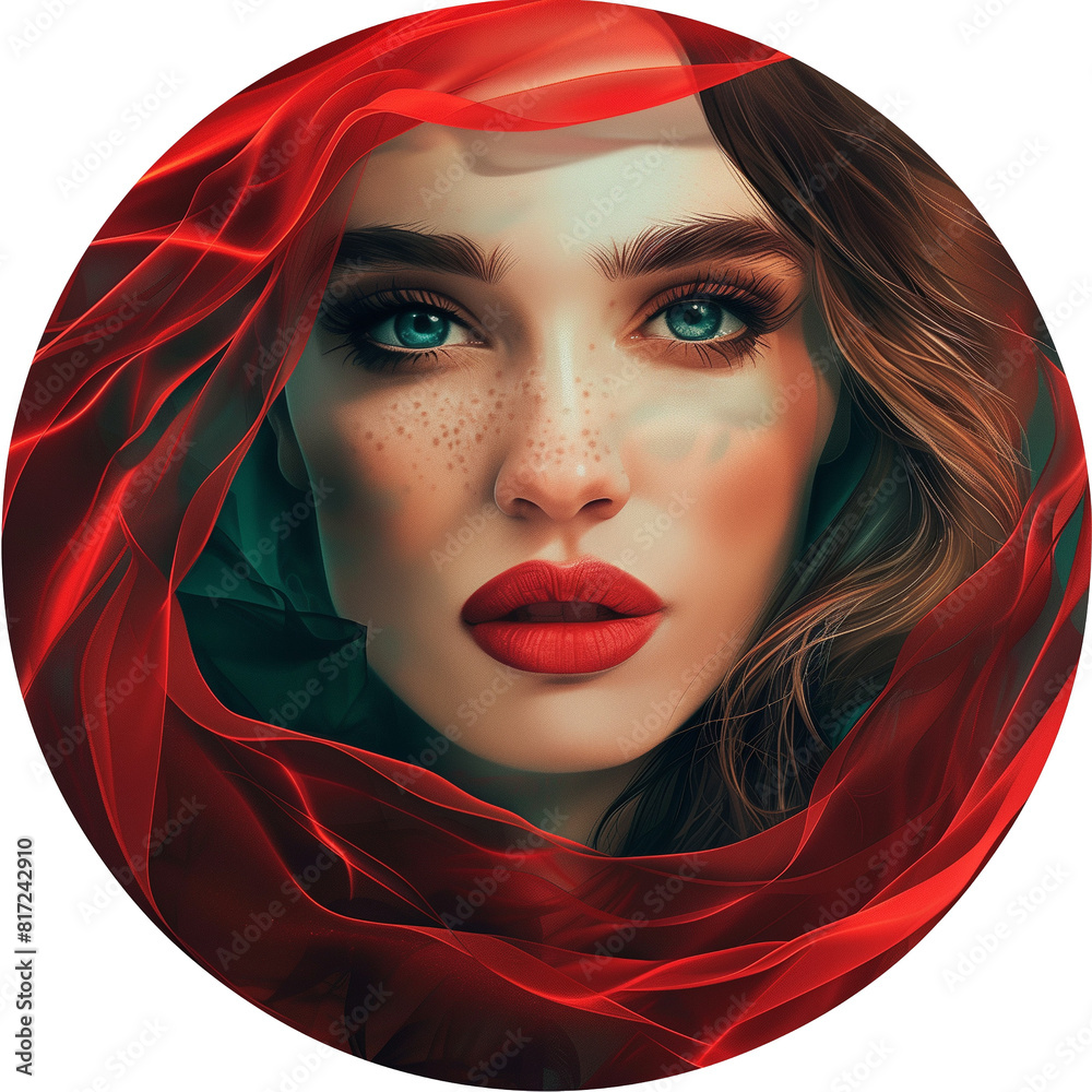 Wall mural Portrait of beautiful young woman with red silk scarf around her face isolated on transparent background.