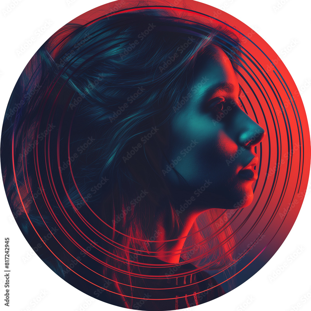 Poster portrait of a beautiful woman with long hair in a red circle isolated on transparent background.