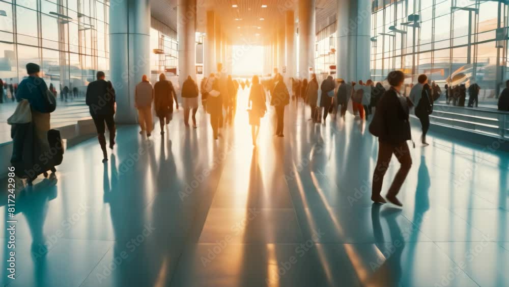 Sticker crowd of individuals moving hurriedly through a bustling train station, a busy airport terminal with