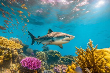 A shark swimming on a coral reef