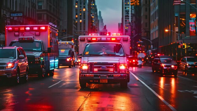A city street congested with vehicles, including ambulances navigating through the traffic, A busy city street with an ambulance parked