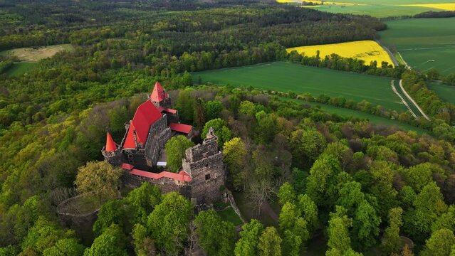 Grodziec Castle surrounded by blooming agricultural fields and green forest, aerial view. Old historical fortress. Famous touristic place in Lower Silesia, Poland