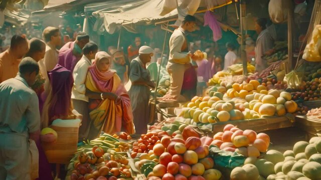 People gather around market stalls selling fruits and aabedeed, engaging in transactions and browsing, A busy market scene with vendors selling fruits and vegetables