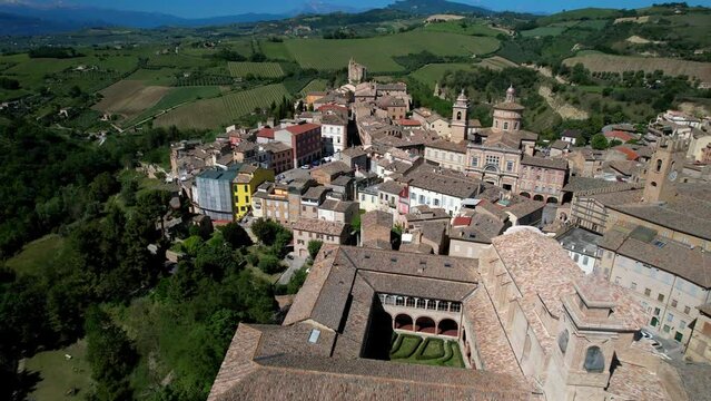 Italy. Offida - scenic medieval town in Marche region. considered one of the most beautiful italian villages. 4k aerial drone video