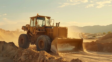 A bulldozer pushing mounds of earth, creating a level ground for the construction of a new roadway.