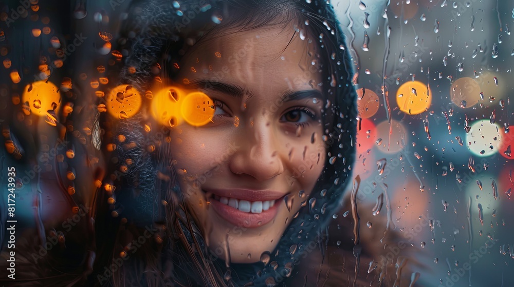 Wall mural A woman is smiling at the camera while looking out a window with raindrops on it