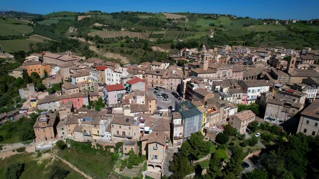 Italy. Offida - scenic medieval town in Marche region. considered one of the most beautiful italian villages. 4k aerial drone video