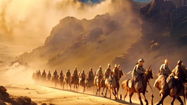 Group of individuals riding on horses in a caravan formation while traveling across the desert, A caravan of traders making their way across the desert on camelback