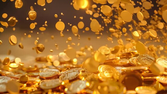 A pile of gold coins with drops of water falling on them, creating a shimmering effect, A cascade of golden coins raining down in celebration of a Jackpot hit