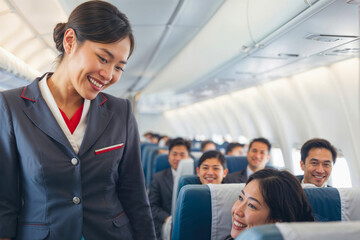Obraz premium Asian woman stewardess smiling in a uniform is walking down the aisle of an airplane, smiling at the passengers. Happy Asian flight attendants in the airplane