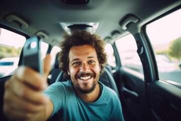 This is my new car key! Young happy man sitting in a car and showing his car key while looking at camera