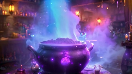 A purple pot filled with blue liquid sits atop a table, A cauldron bubbling with mysterious potions