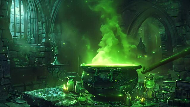A cauldron belonging to a wizard emitting green liquid, A cauldron bubbling with mysterious potions