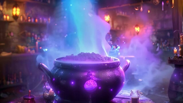 A purple pot filled with blue liquid sits atop a table, A cauldron bubbling with mysterious potions