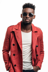 Obraz premium Fashion afro american man with a red jacket isolated on a white background