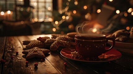 Fototapeta premium Immerse yourself in a nostalgic Christmas Eve setting adorned with retro vintage charm featuring gingerbread treats and a steaming red cup of coffee awaiting Santa all nestled in a classic 