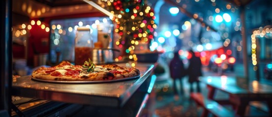 pizzeria pizza shop counter evening illumination