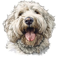 Happy komondor dog close up portrait on white background, cartoon colored sketch style