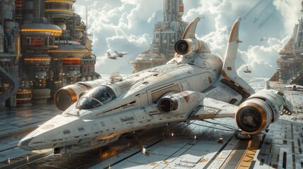 A retro-futuristic spaceship docked in a spaceport against a full-frame digital grid background, ready for its next interstellar journey.
