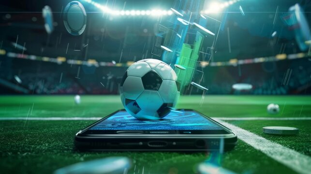 Virtual sports betting on soccer using smartphone, currency and ball. Generative AI - Powered by Adobe