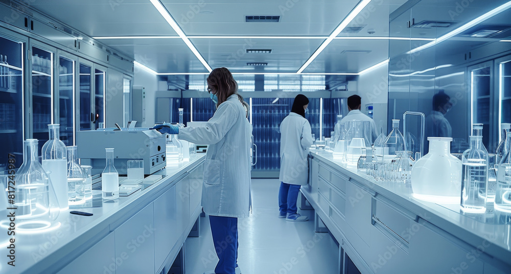 Poster A chemical laboratory with scientists in lab coats conducting experiments and analysis. Generative AI.