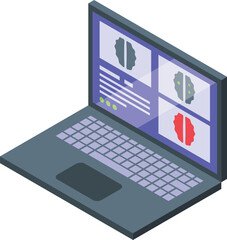 Isometric illustration of a laptop displaying graphs and analytics on the screen