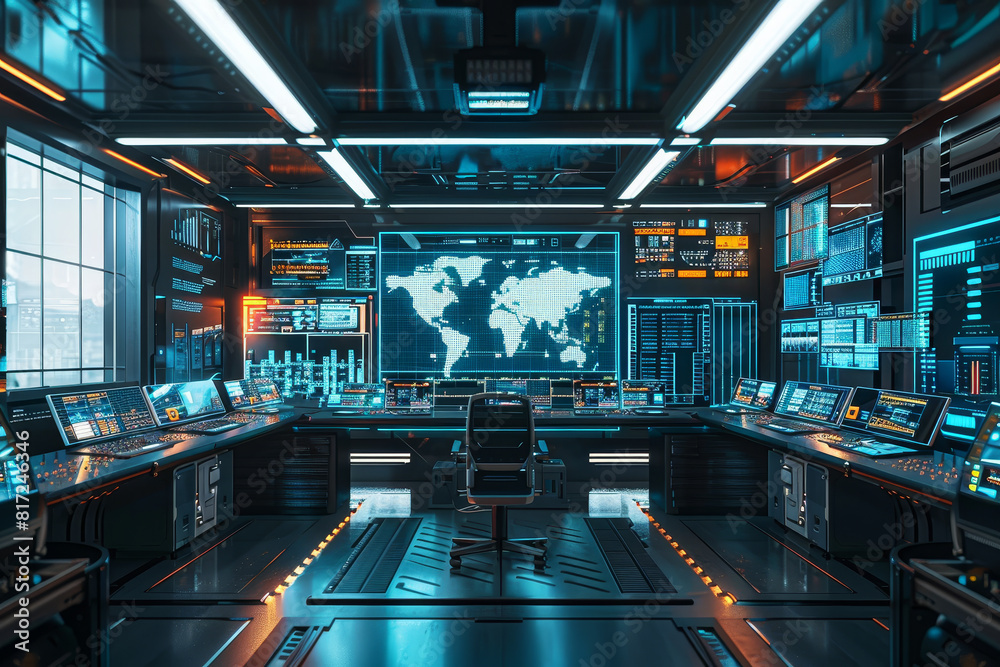 Poster a computer room with a large monitor showing a map of the world