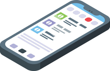 Modern and colorful isometric smartphone user interface design with digital illustration and technology for mobile phone application, featuring vector graphics and connectivity options