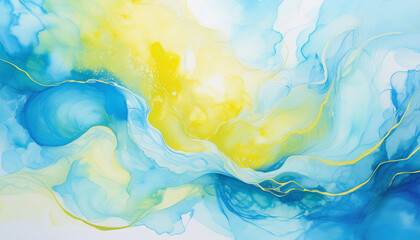 Fototapeta premium Watercolor abstract painting. Stains in water, blue and yellow colors. Modern hand drawn art.