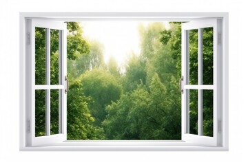 Mockup of an open window overlooking lush forest isolated on white background