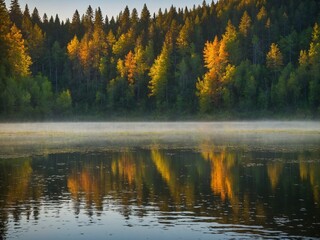 Fototapeta premium Serene lake mirrors warm glow of sunrise, with mist delicately floating above waters surface amidst tranquil forest setting. Early morning light graces treetops, casting golden hue over foliage.