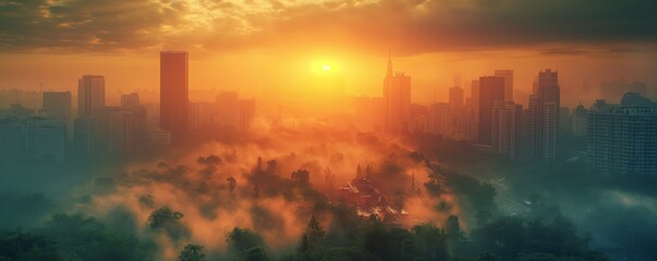 Misty sunrise over urban city skyline