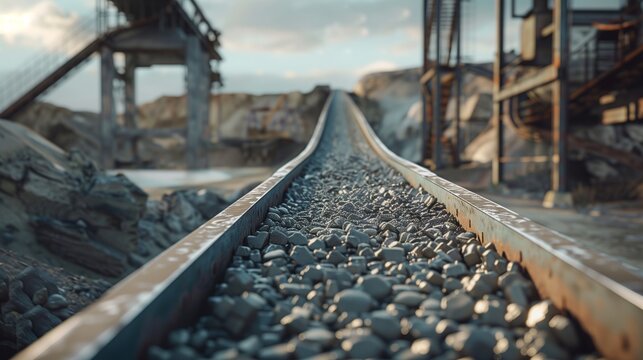 A conveyor belt transporting gravel from a quarry to a construction site, feeding the demand for raw materials.