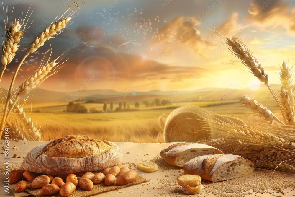 Poster A table in the countryside displays freshly baked bread alongside bundles of wheat, reflecting farm-to-table practices. Generative AI