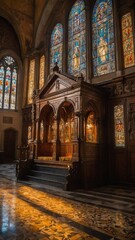 Obraz premium Sunlight bathes church interior, illuminating intricate patterns on floor. An elaborately carved wooden pulpit stands prominently. Stained glass windows depict religious scenes in vibrant colors.